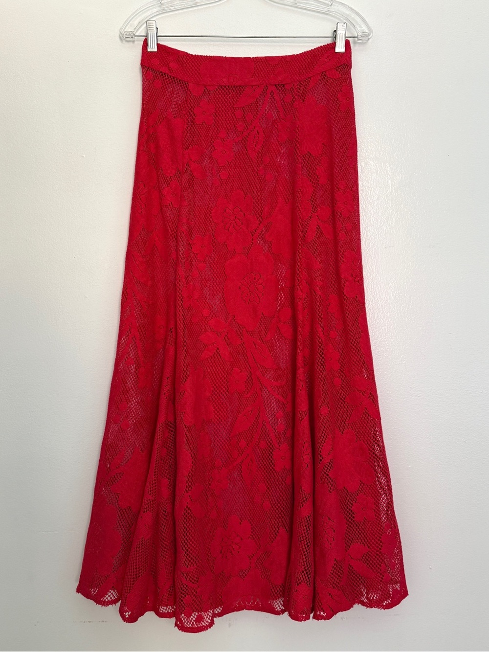 Alix of Bohemia Red Crochet Lace Maxi Skirt Sample Floral Open Knit Sz S
